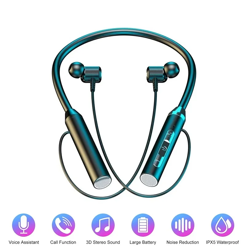 Magnetic Neckband Sports Earphones - 9D Bluetoothイヤホン、ワイヤレスヘッドホン、磁石内蔵ステレオネックバンド、防水仕様、マイク付き、iPhone、Huawei、OnePlus対応。