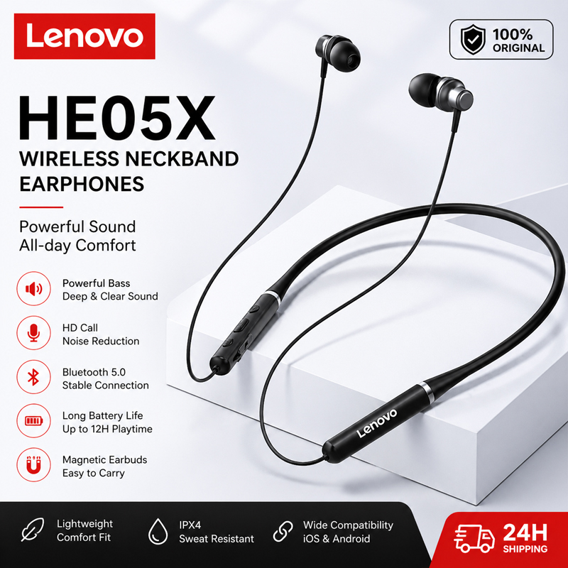 Magnetic Neckband Sports Earphones - 100% オリジナルレノボ HE05X Bluetooth イヤホンイヤホン防水耳栓 HIFI